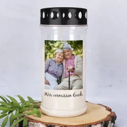 Grablicht in zwei Größen mit Foto und Wunschtext