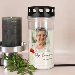 Grablicht - Mohnblume - mit Fotoaufdruck, Name und Datum