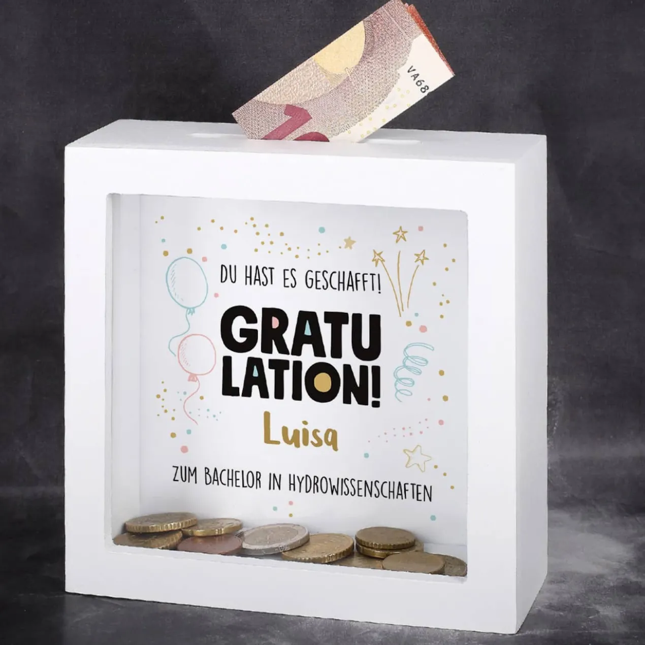 Gratulation, du hast es geschafft! - Bilderrahmen-Spardose für Geldgeschenke
