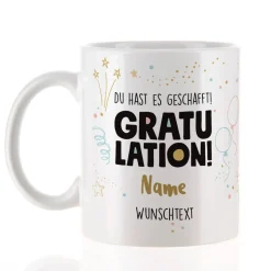 Gratulation, du hast es geschafft! Tasse mit Name und Wunschtext