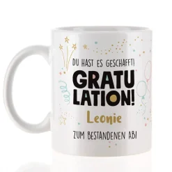 Gratulation, du hast es geschafft! Tasse mit Name und Wunschtext