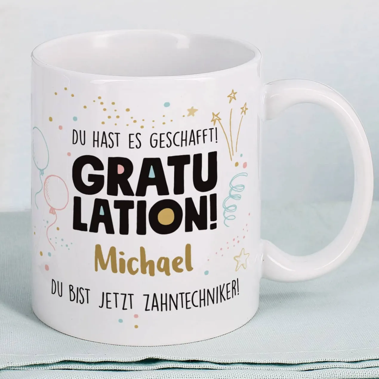 Gratulation, du hast es geschafft! Tasse mit Name und Wunschtext