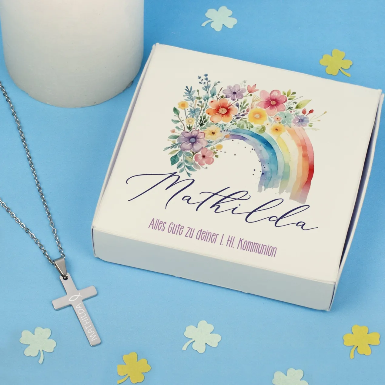 Gravierte Halskette mit Kreuz in Geschenkbox zu Kommunion, Konfirmation, Taufe