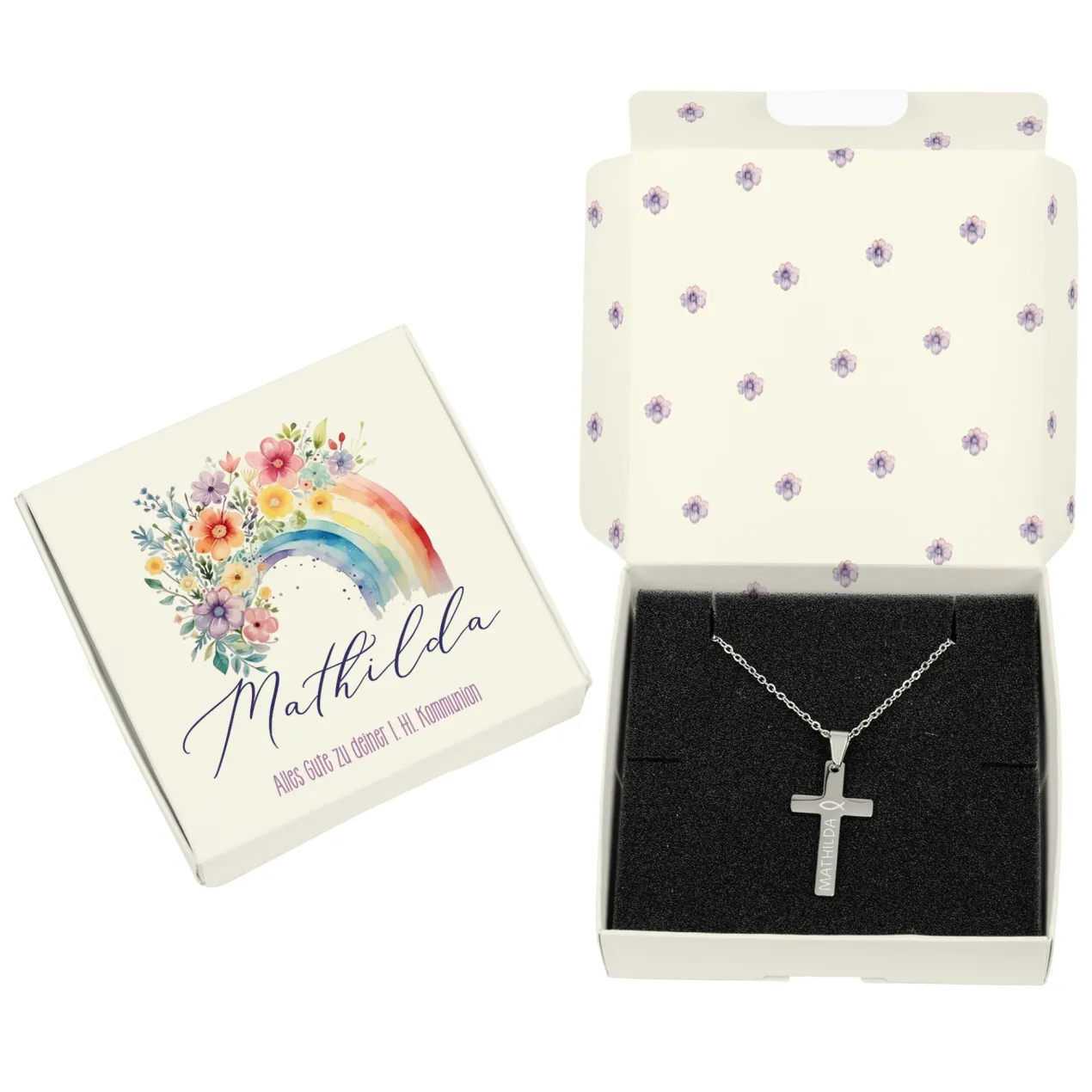 Gravierte Halskette mit Kreuz in Geschenkbox zu Kommunion, Konfirmation, Taufe