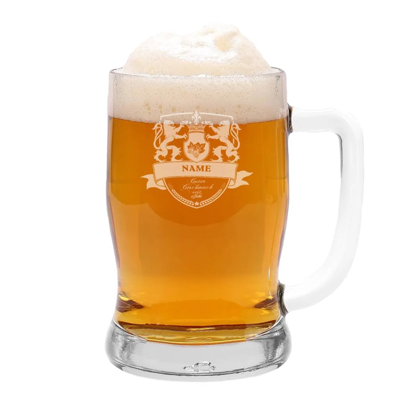 Gravierter Bierkrug mit Motiv, Wunschnamen und Geburtsjahr