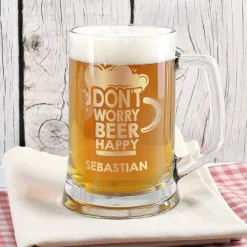 Gravierter Bierseidel DON`T WORRY BEER HAPPY mit Wunschname