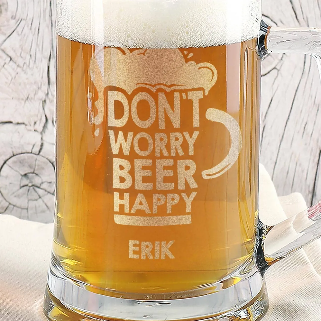 Gravierter Bierseidel DON`T WORRY BEER HAPPY mit Wunschname