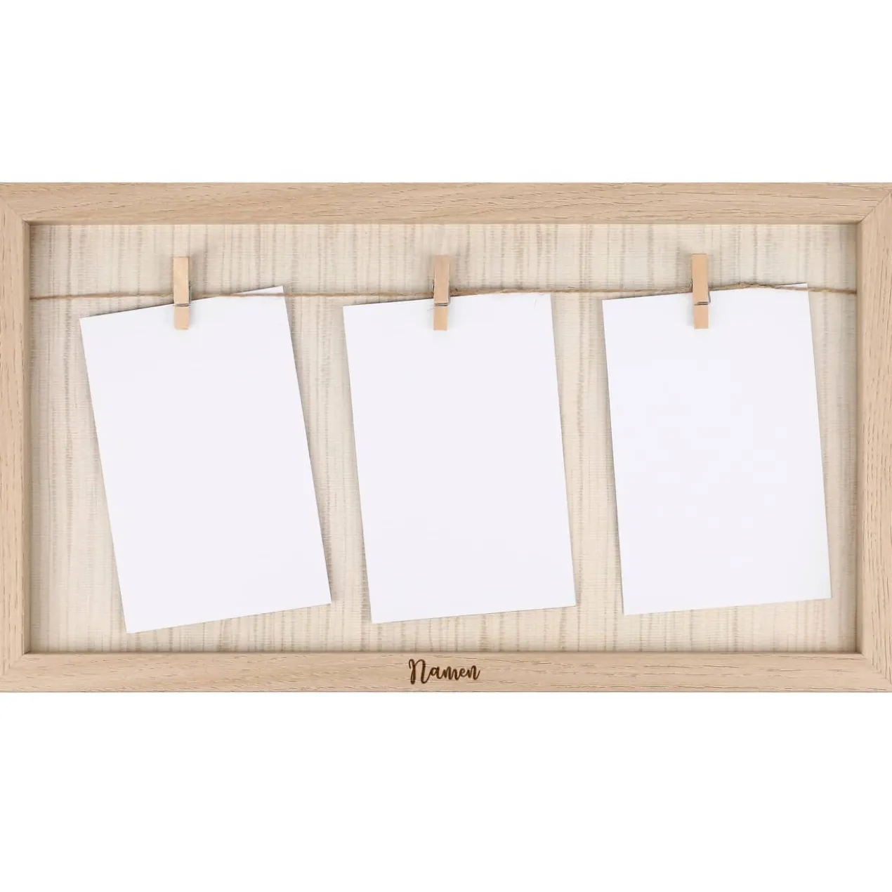Gravierter Bilderrahmen mit Leinenschnur und drei kleinen Holzklammern