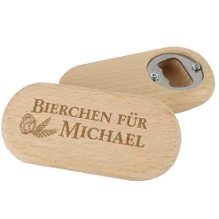 Gravierter Flaschenöffner aus Holz - Bierchen - mit Namensgravur