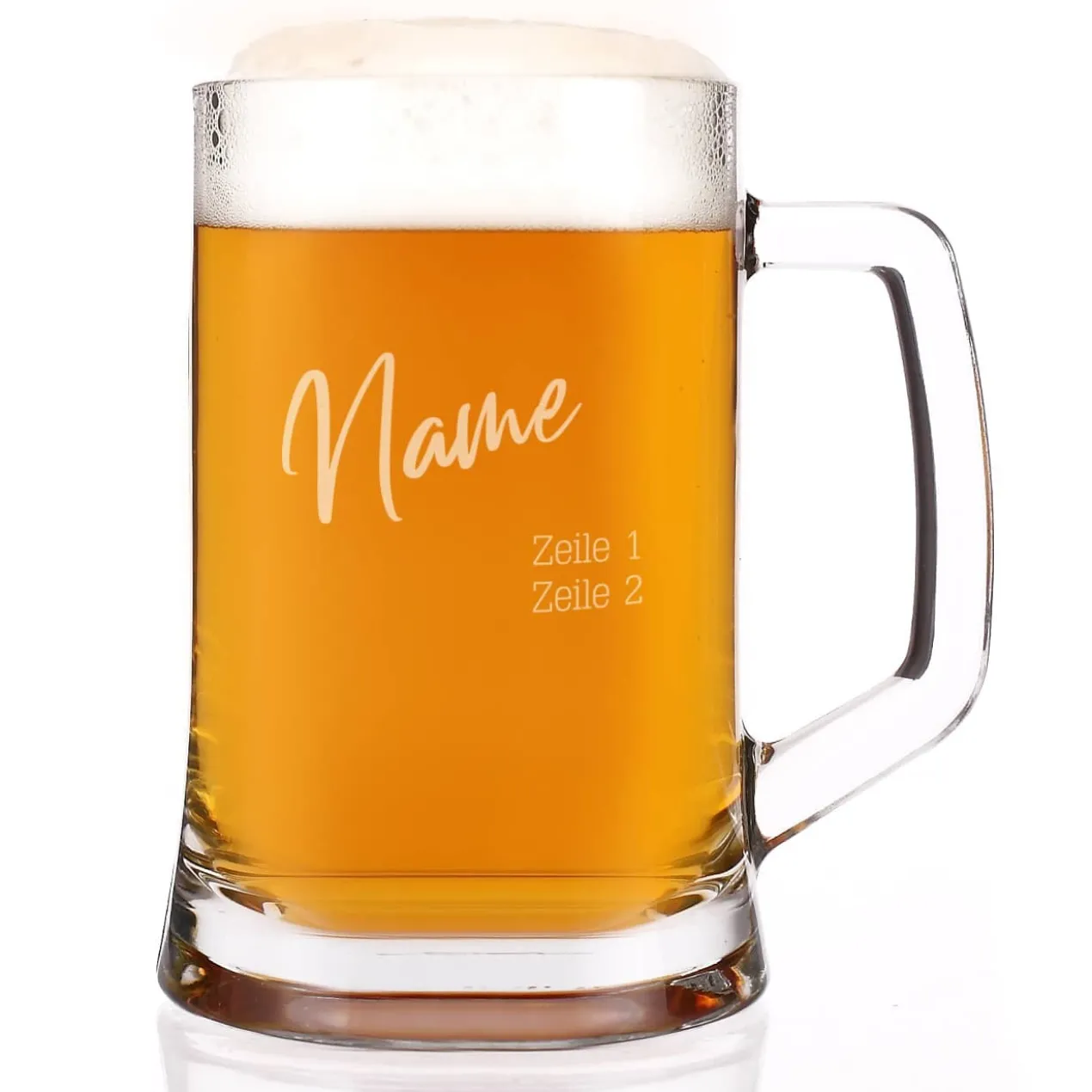 Gravierter Glasbierkrug mit Ihren Wunschtexten im modernen Design