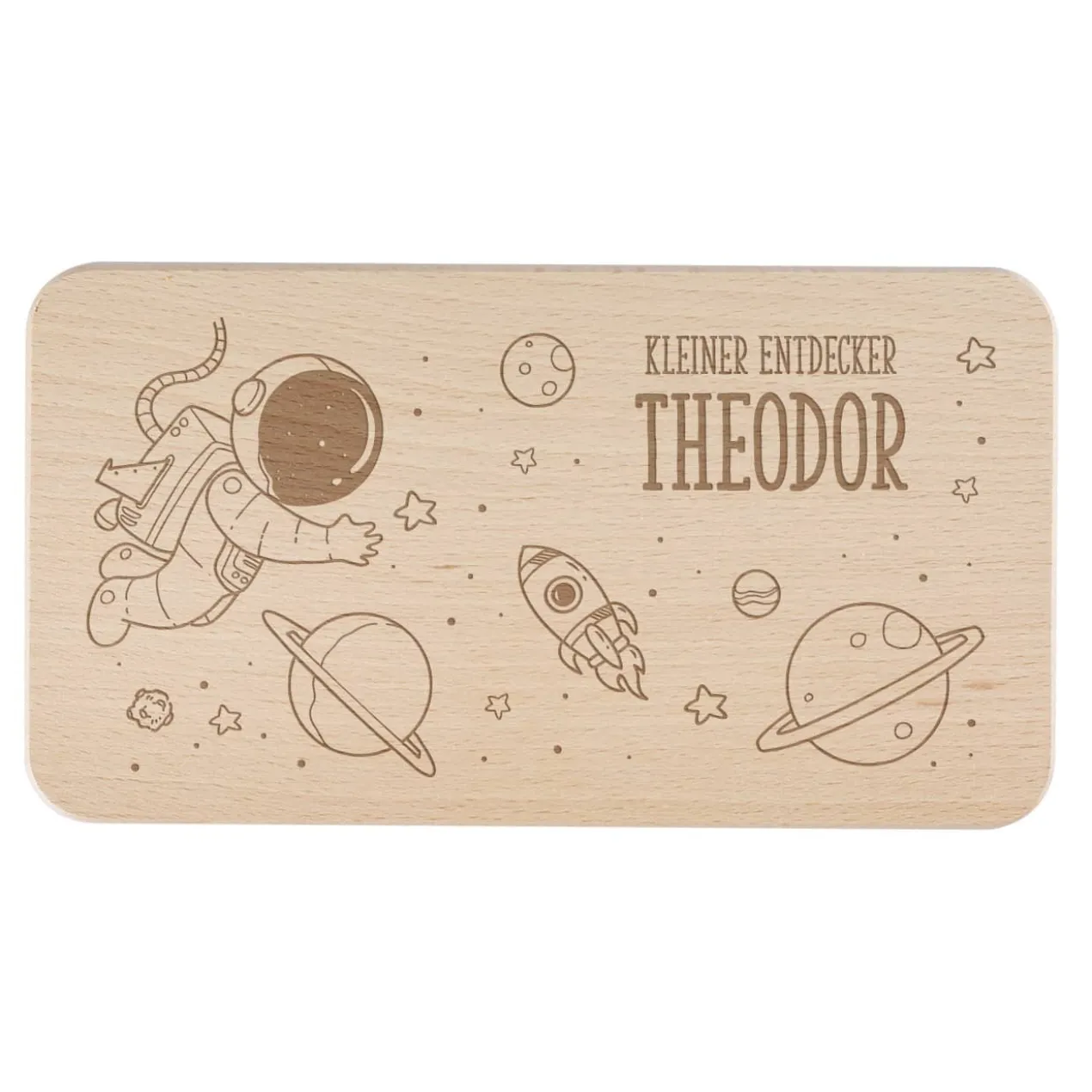 Graviertes Brettchen mit Weltraummotiv, Name und Wunschtext