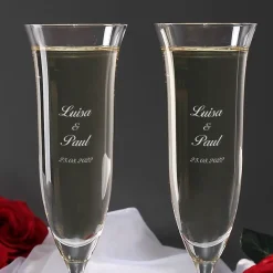 2 gravierte Sektgläser L'Amour mit roten Herzen zur Hochzeit