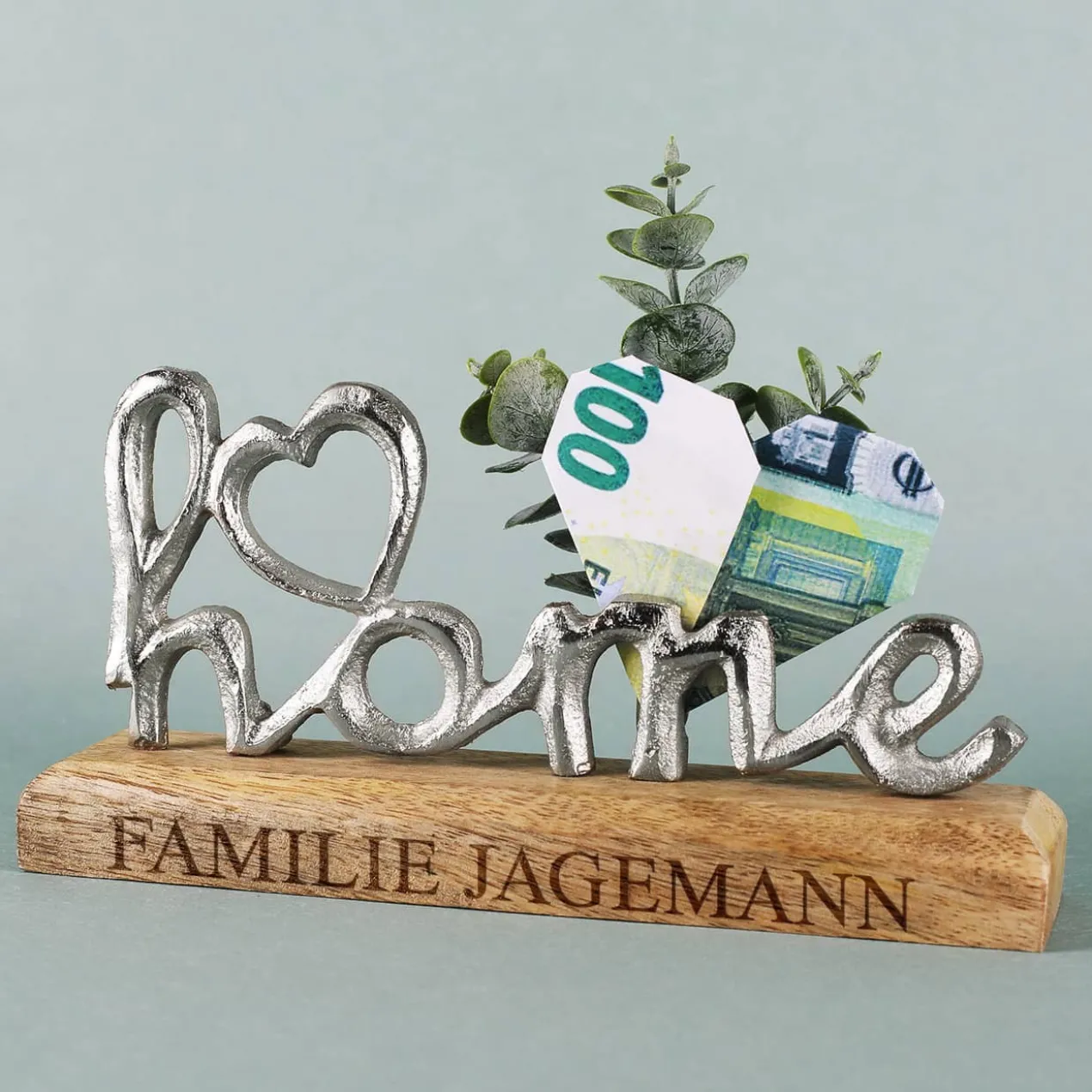 Gravierte Skulptur - Home - mit Ihrer Wunschgravur auf dem Holzsockel