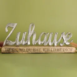 Gravierte Skulptur "Zuhause" mit Wunschtext - Dekoration aus Aluminium mit Holzsockel
