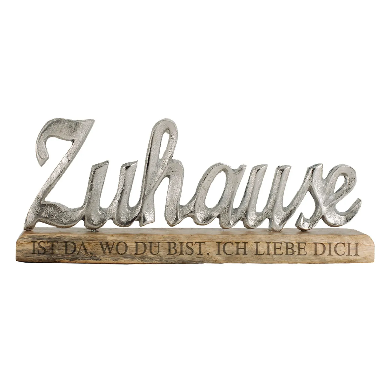 Gravierte Skulptur "Zuhause" mit Wunschtext - Dekoration aus Aluminium mit Holzsockel