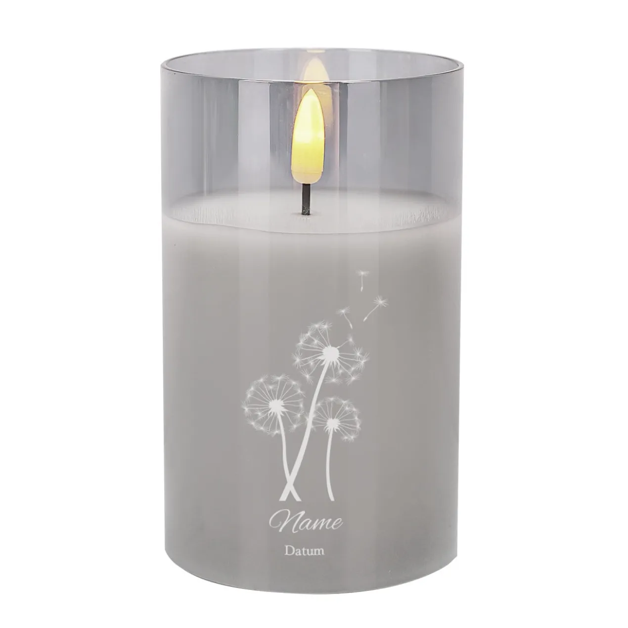 Graviertes LED Trauerwindlicht mit Pusteblumen, Name und Datum