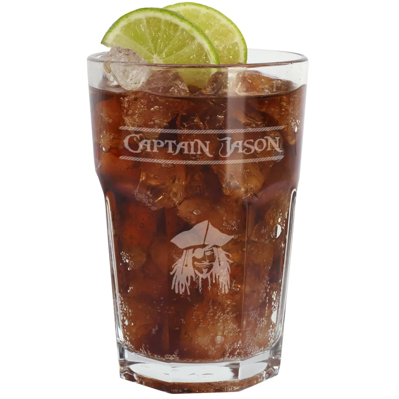 graviertes Longdrinkglas für Piraten mit Name des Captains