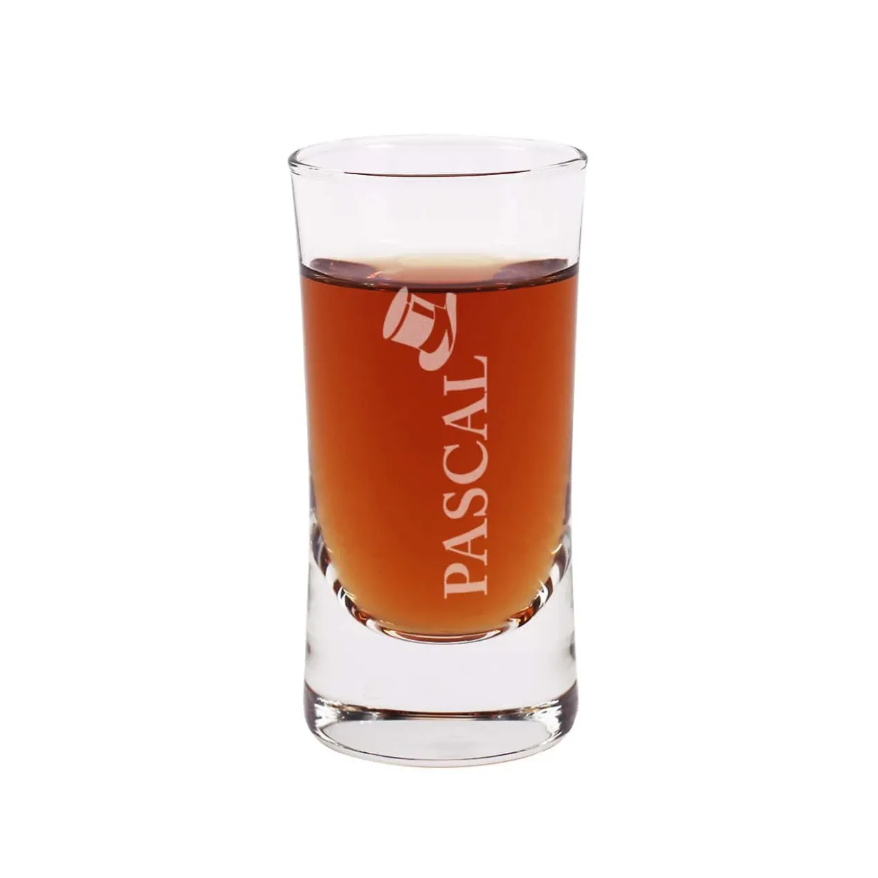 Graviertes Schnapsglas für Männer mit Name und Zylinderhut-Motiv