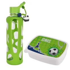 Gravierte Trinkflasche im Set mit bedruckter Fußball-Brotdose für Kinder