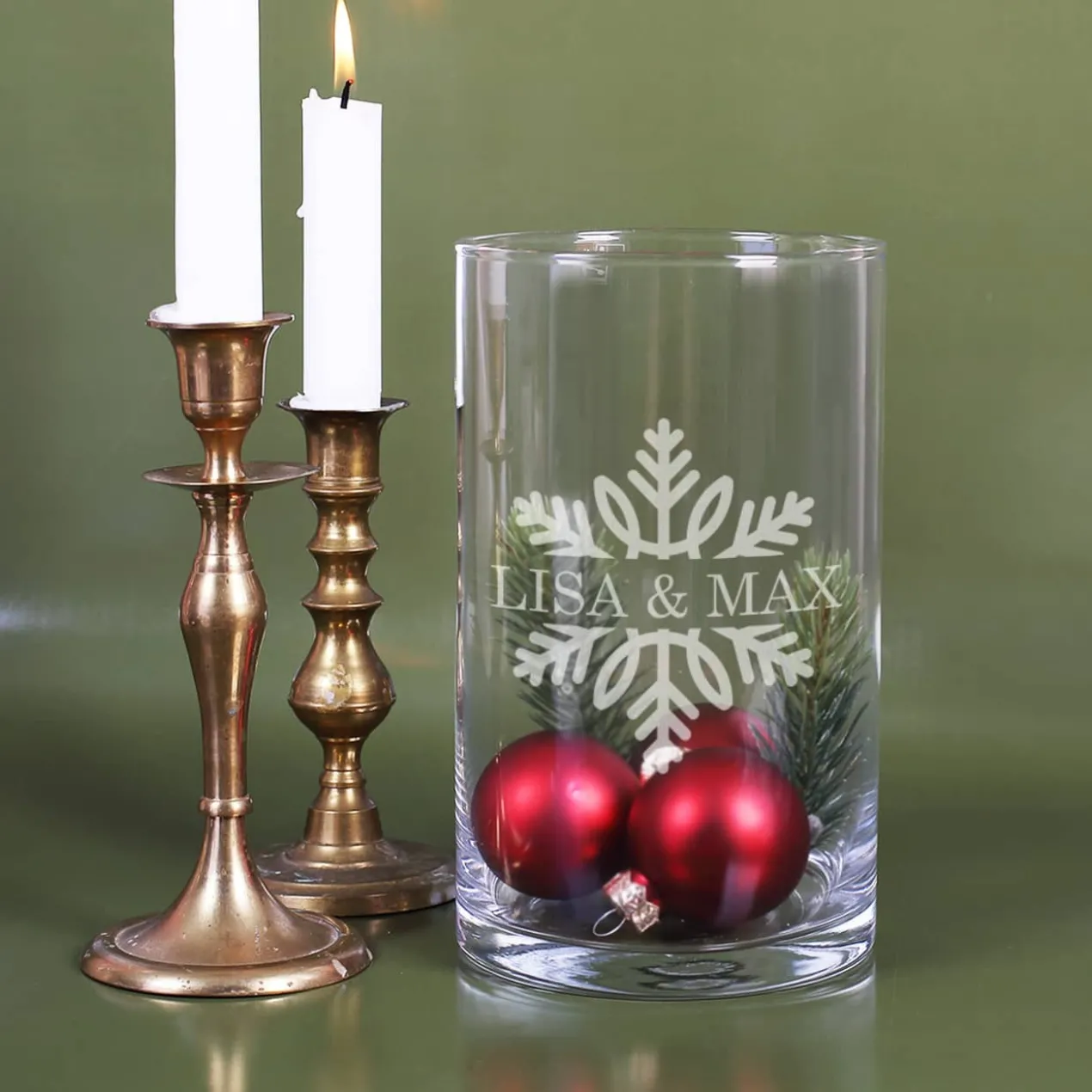 Gravierte Vase mit Schneeflocke und Wunschtext