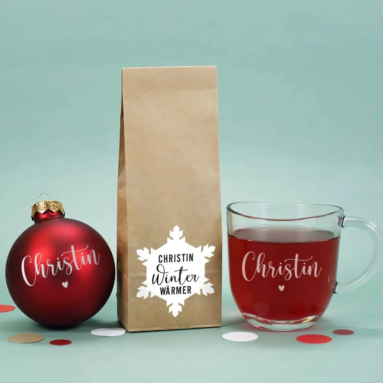 Gravierte Weihnachtskugel, Teeglas und Früchtetee als Geschenkset zu Weihnachten mit Box