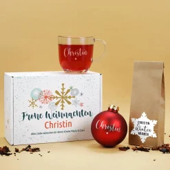 Gravierte Weihnachtskugel, Teeglas und Früchtetee als Geschenkset zu Weihnachten mit Box