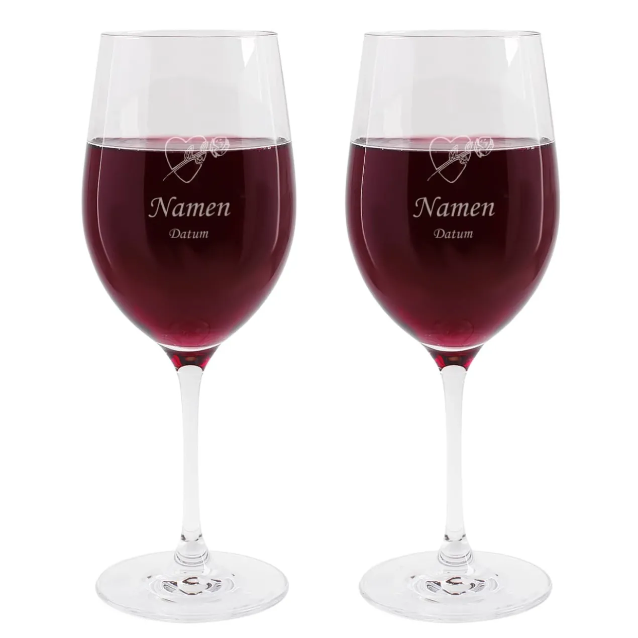 2 gravierte Weingläser mit Herz und Rosen zur Hochzeit