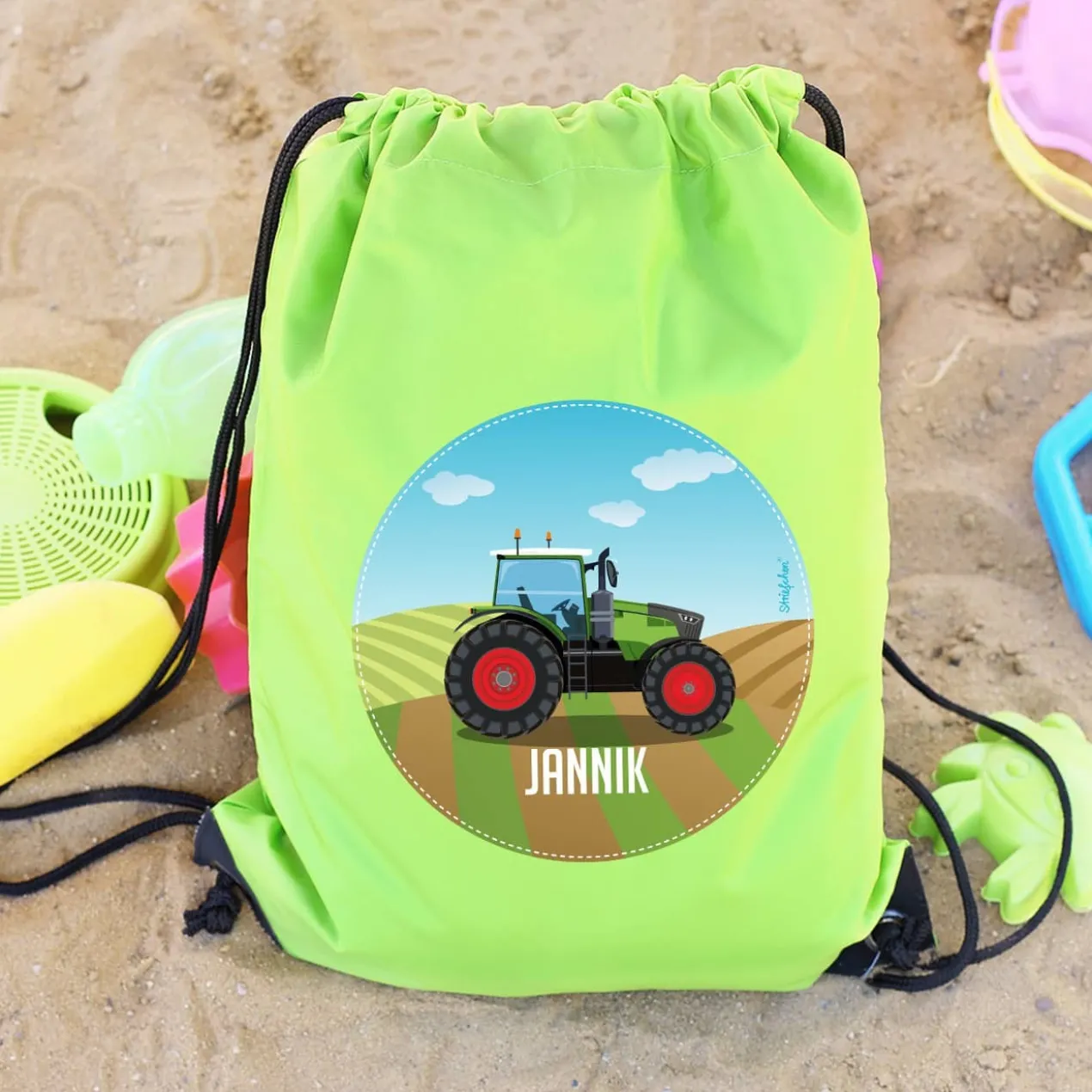 Grüner Sportbeutel mit Traktor und Name
