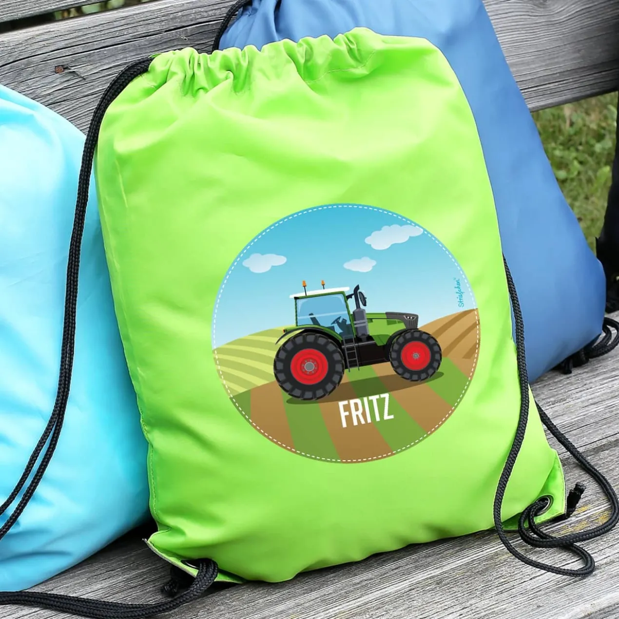 Grüner Sportbeutel mit Traktor und Name