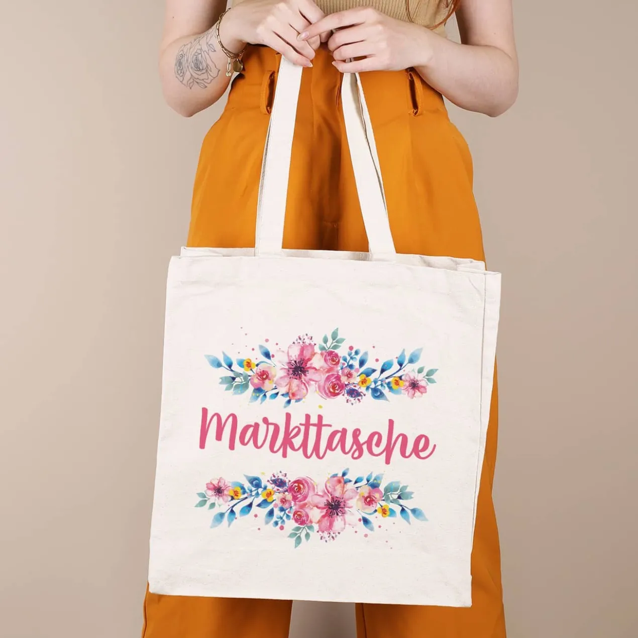 Große Baumwolltasche mit Blumenaufdruck und Ihrem Wunschtext