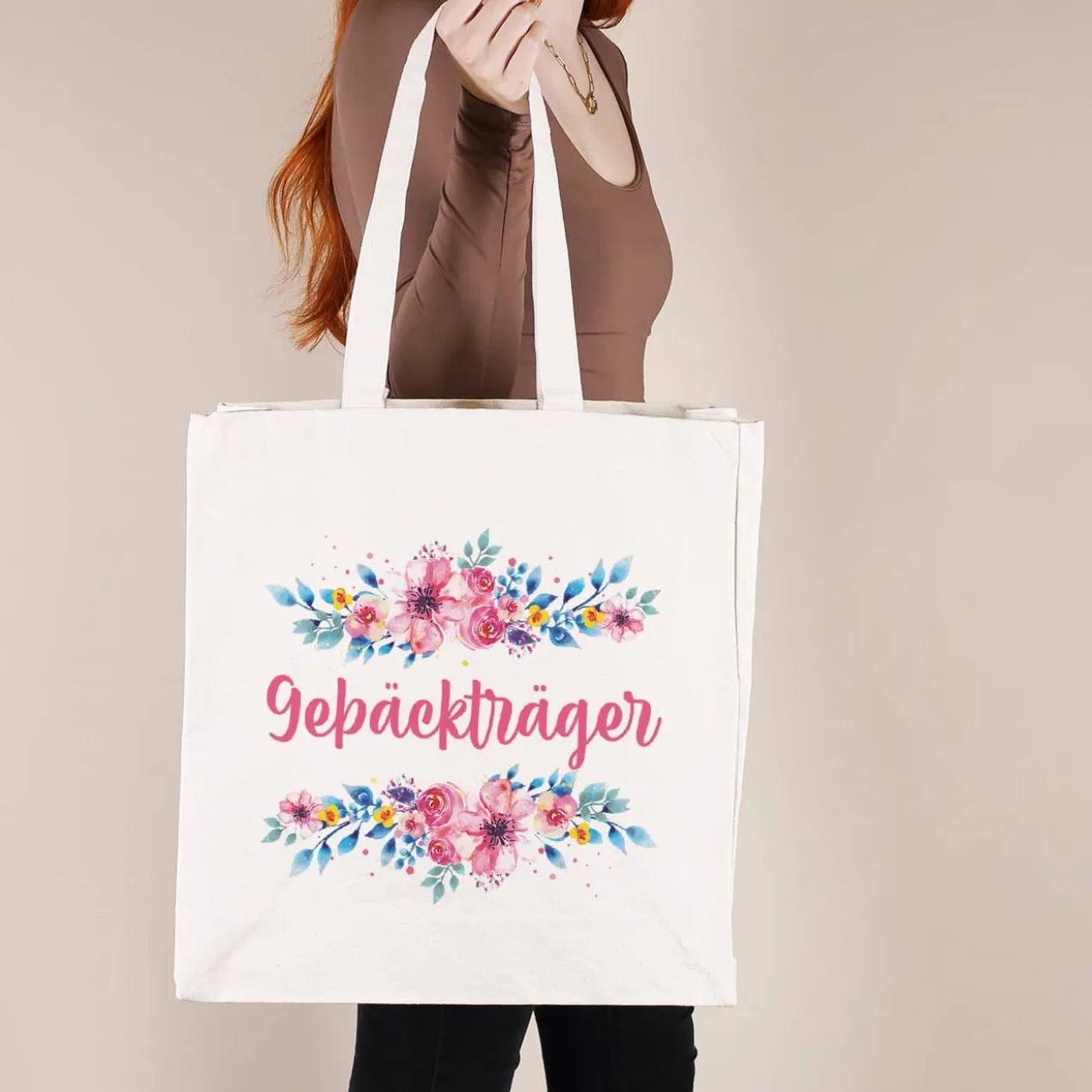 Große Baumwolltasche mit Blumenaufdruck und Ihrem Wunschtext