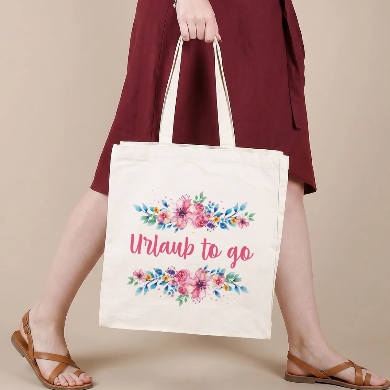 Große Baumwolltasche mit Blumenaufdruck und Ihrem Wunschtext