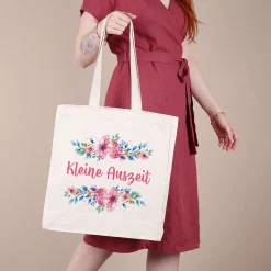 Große Baumwolltasche mit Blumenaufdruck und Ihrem Wunschtext