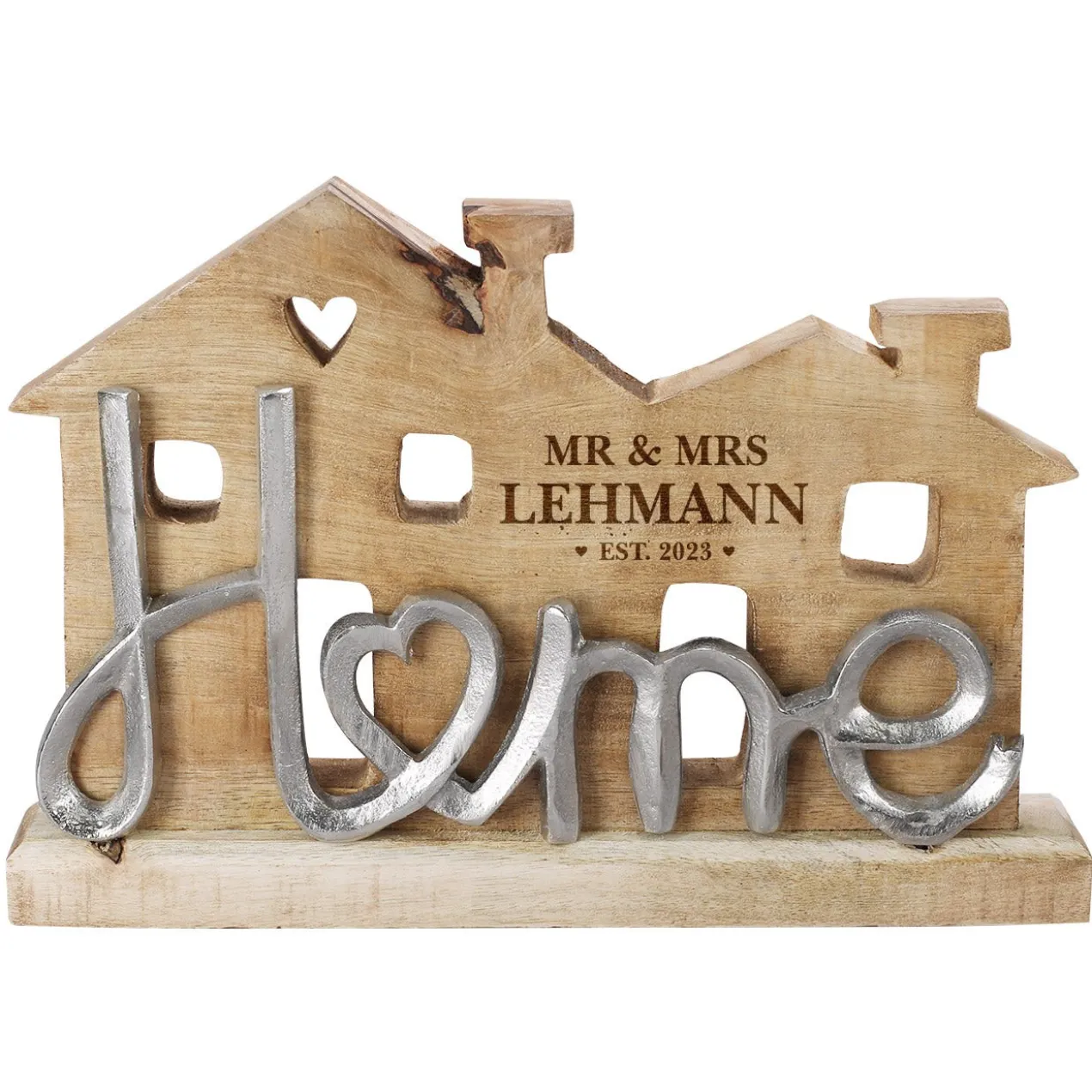 Große Holzskulptur - Home - als Hochzeitsgeschenk mit Gravur