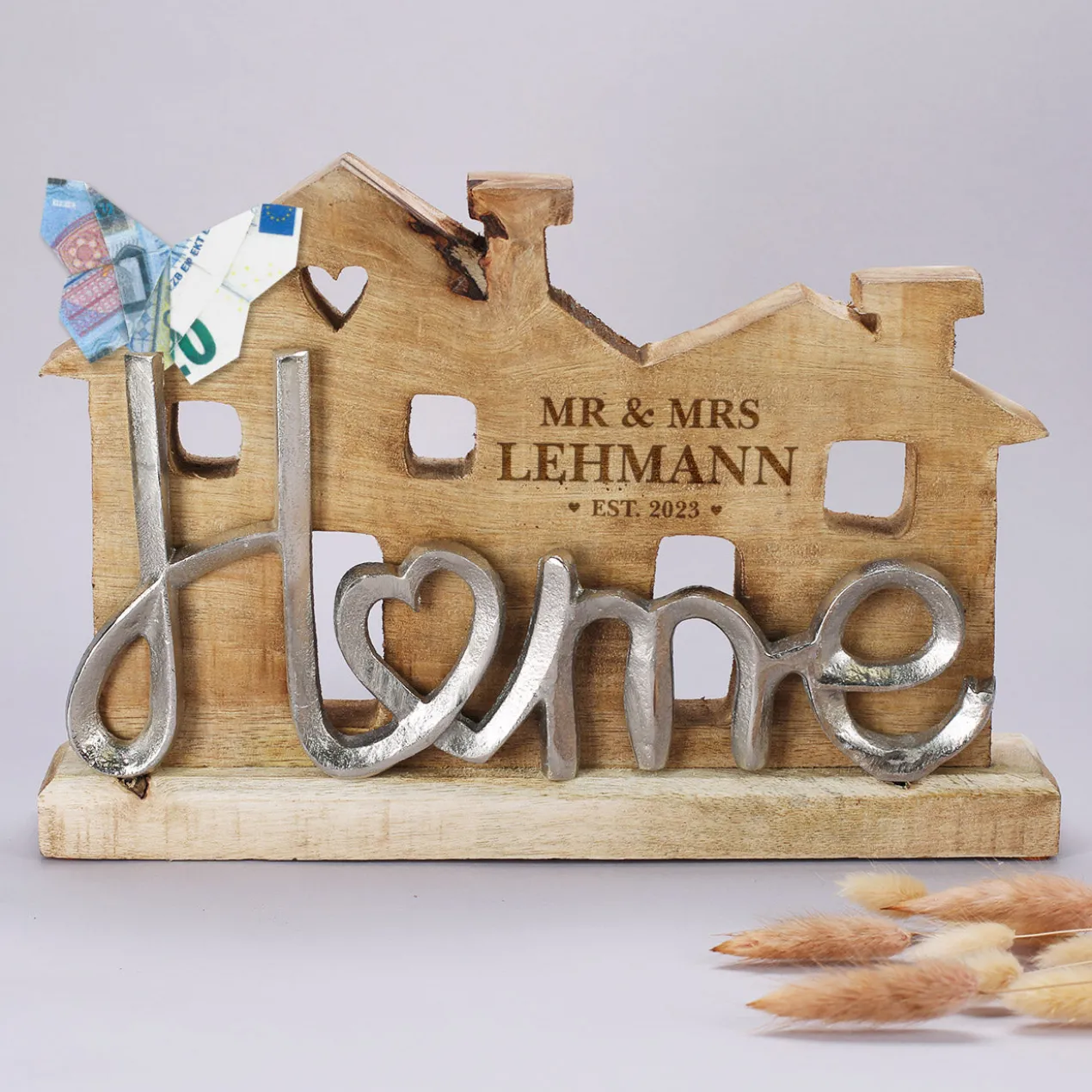 Große Holzskulptur - Home - als Hochzeitsgeschenk mit Gravur