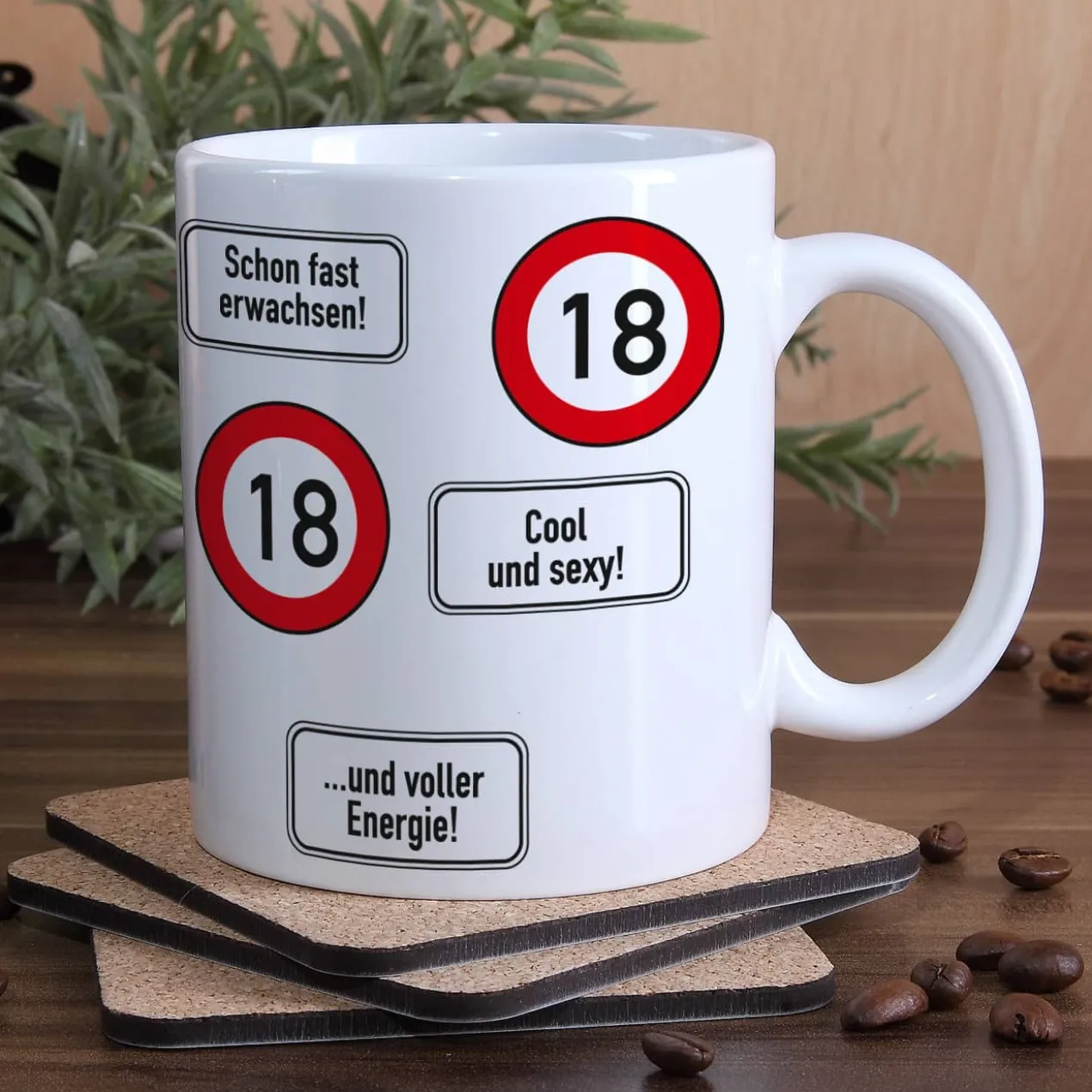 große Kaffeetasse zum 18. Geburtstag mit Verkehrszeichen - 18 -