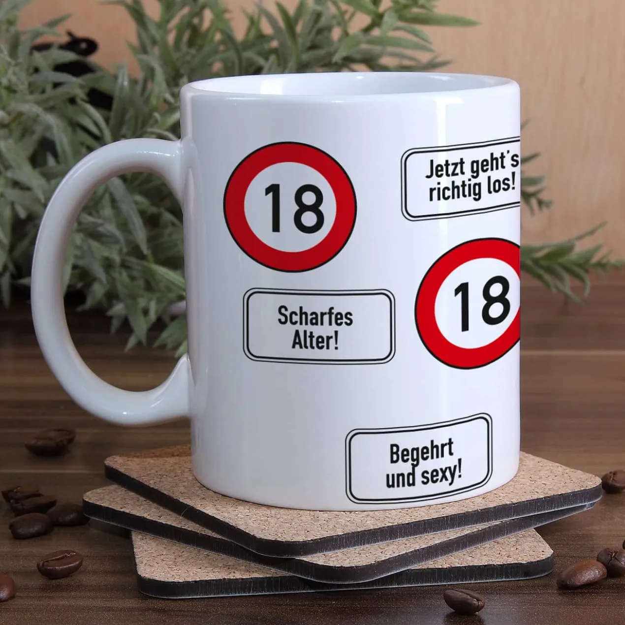 große Kaffeetasse zum 18. Geburtstag mit Verkehrszeichen - 18 -