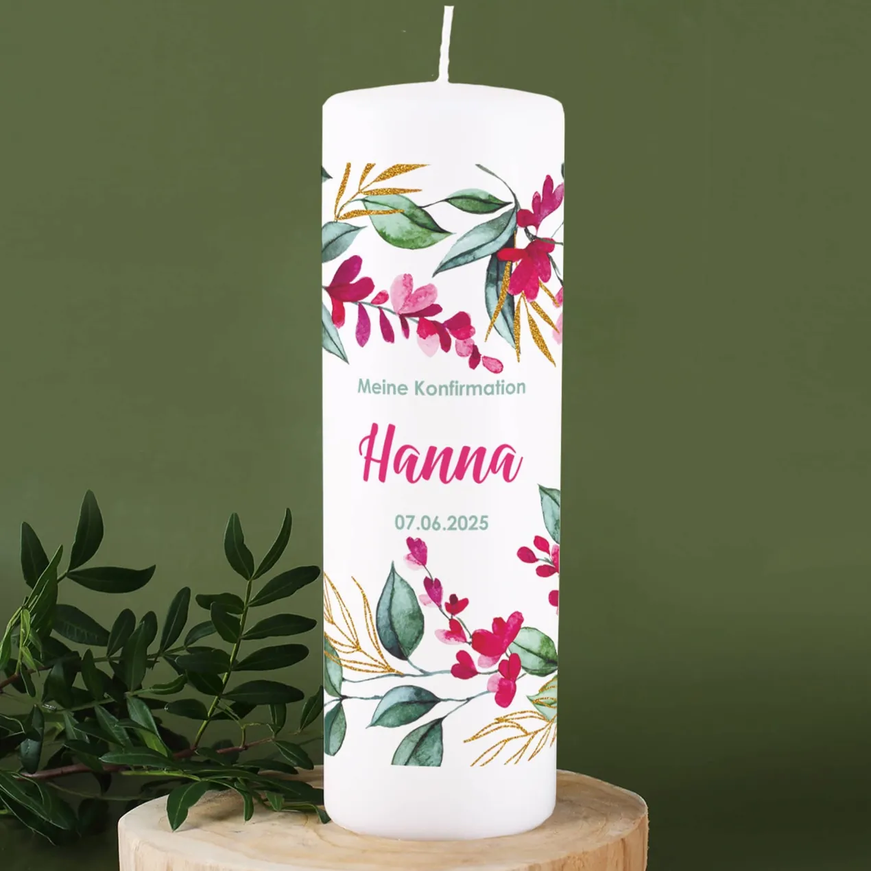 Große Kerze mit Blumenmotiv zur Taufe, Kommunion oder Konfirmation