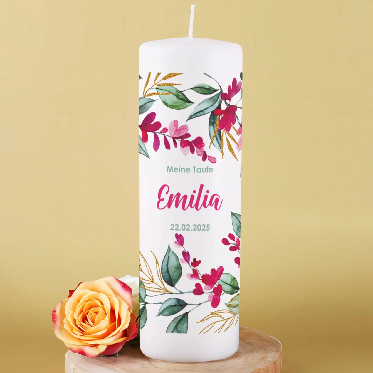Große Kerze mit Blumenmotiv zur Taufe, Kommunion oder Konfirmation