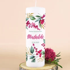 Große Kerze mit Blumenmotiv zur Taufe, Kommunion oder Konfirmation