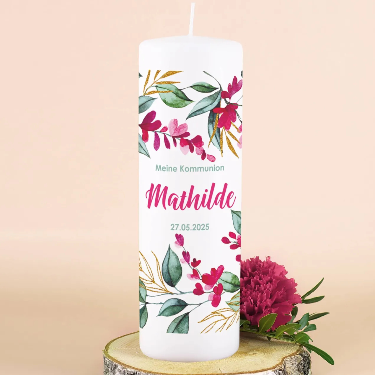Große Kerze mit Blumenmotiv zur Taufe, Kommunion oder Konfirmation