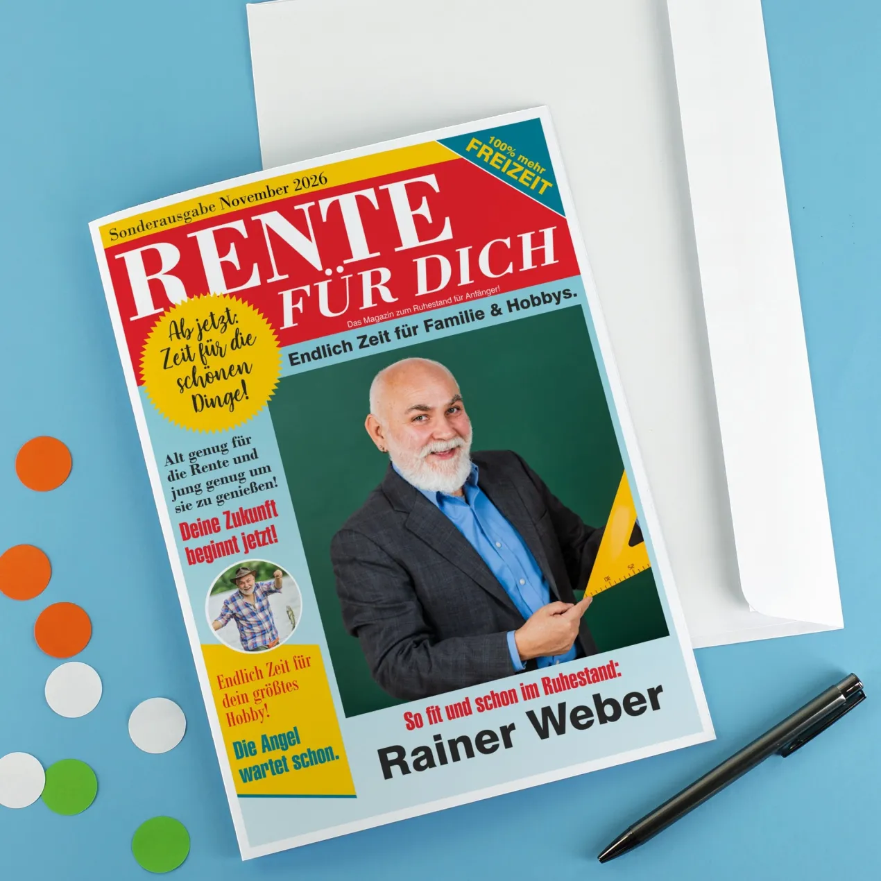 Große Klappkarte A4 zur Rente im Boulevard-Zeitungsdesign mit Foto & Wunschtext