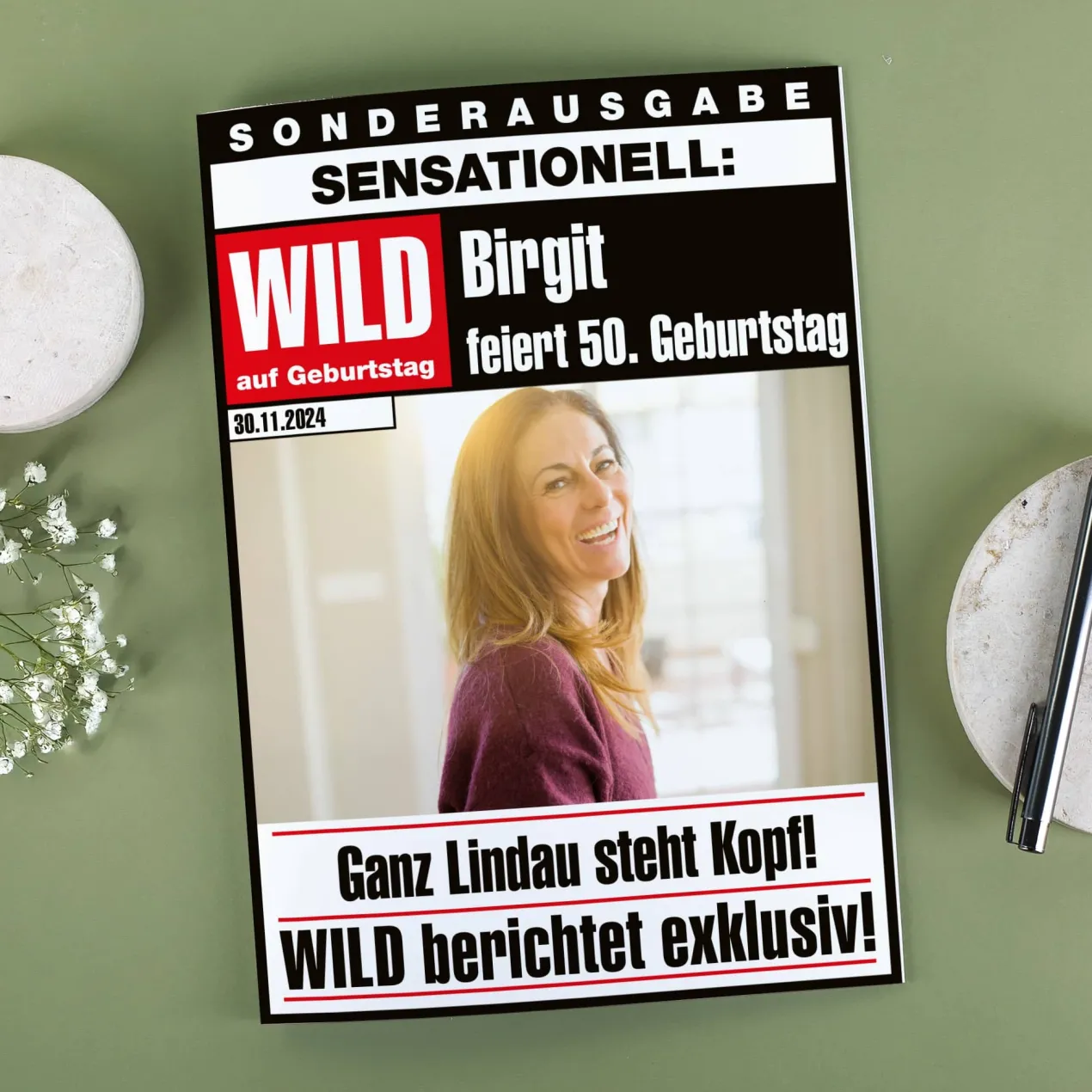 Große Klappkarte Wild Zeitung zum Geburtstag mit Foto, Name und Datum der Feier