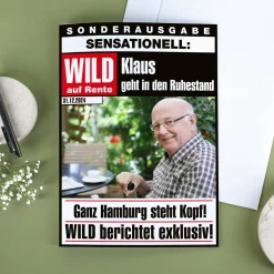 Große Klappkarte zur Rente im Zeitungsdesign mit Foto