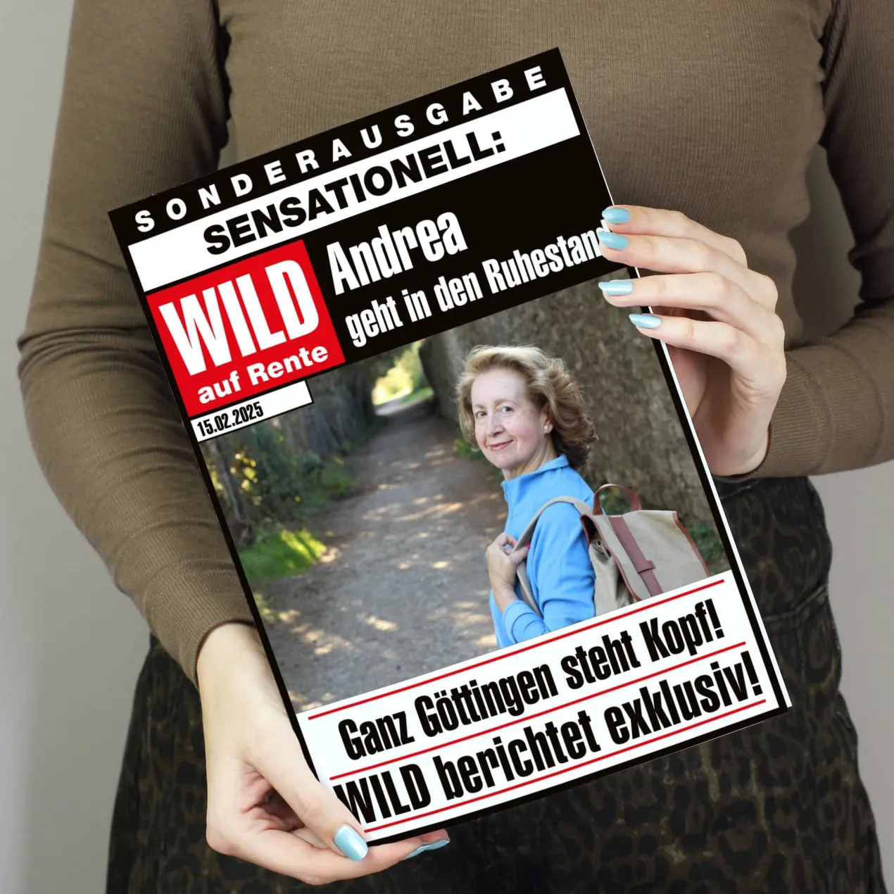 Große Klappkarte zur Rente im Zeitungsdesign mit Foto