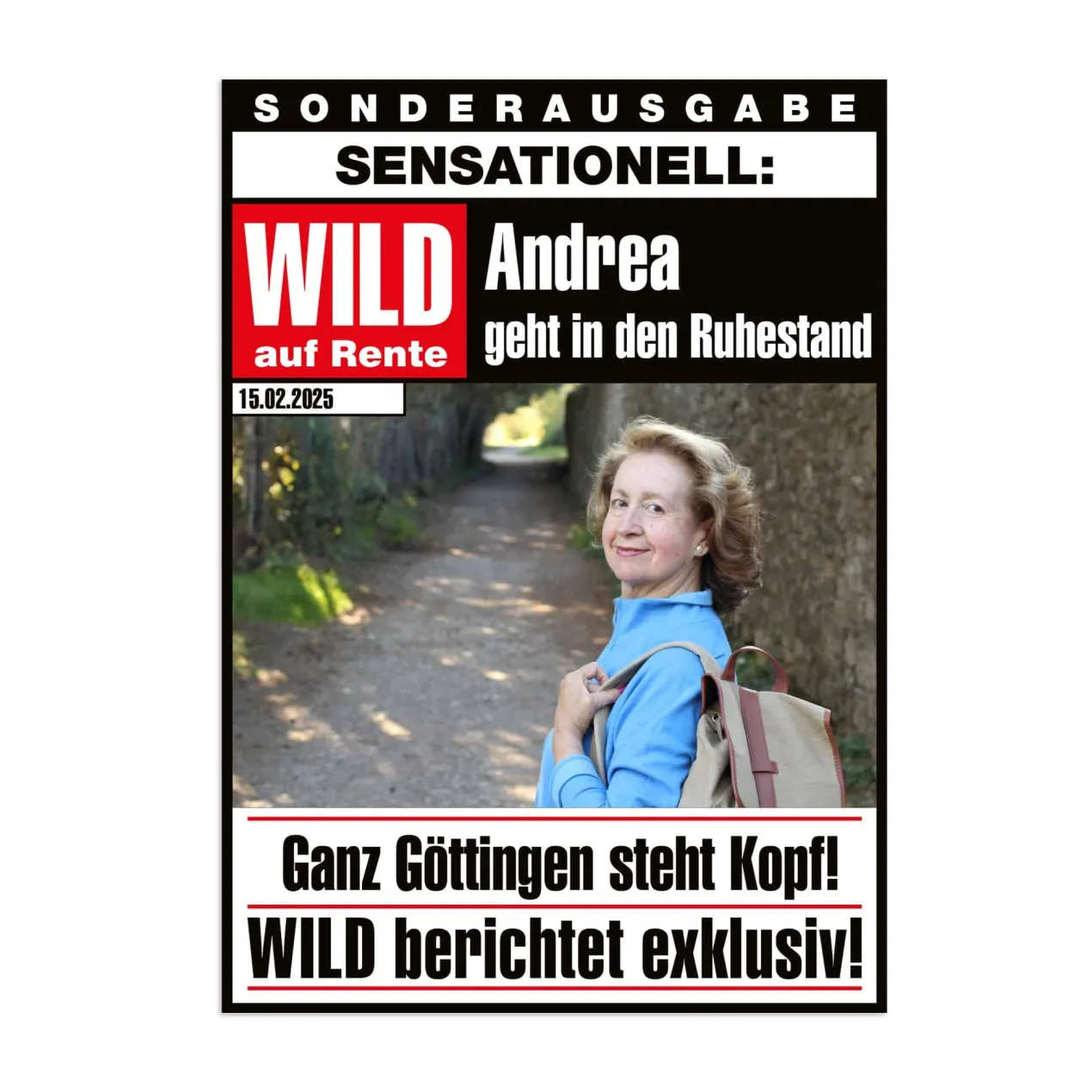 Große Klappkarte zur Rente im Zeitungsdesign mit Foto