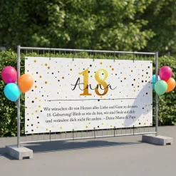 Großer Bauzaun Banner zum Geburtstag mit Name, Alter & Wunschtext personalisiert | Konfetti Design