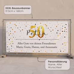 Großer Bauzaun Banner zum Geburtstag mit Name, Alter & Wunschtext personalisiert | Konfetti Design