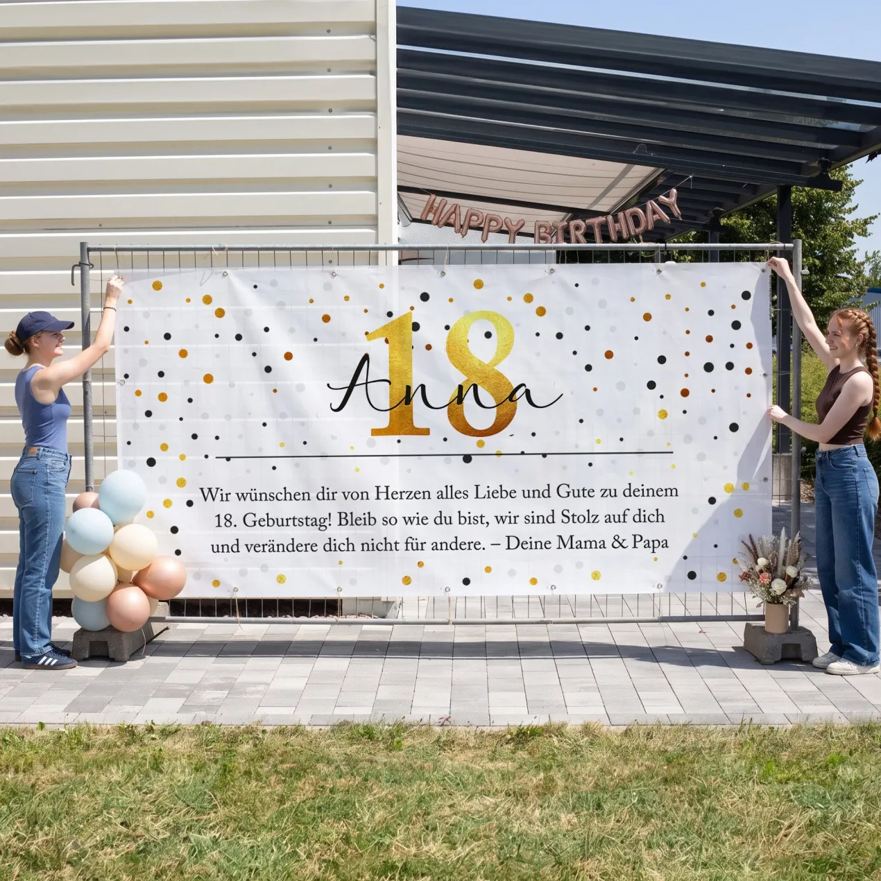 Großer Bauzaun Banner zum Geburtstag mit Name, Alter & Wunschtext personalisiert | Konfetti Design