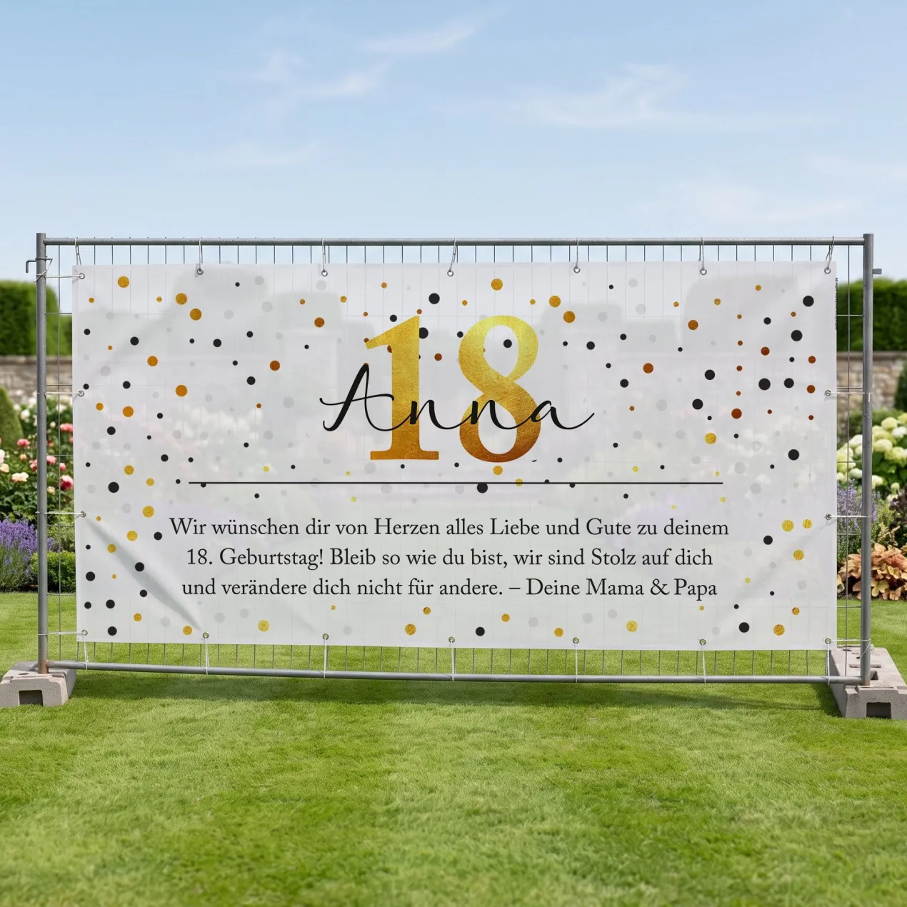 Großer Bauzaun Banner zum Geburtstag mit Name, Alter & Wunschtext personalisiert | Konfetti Design